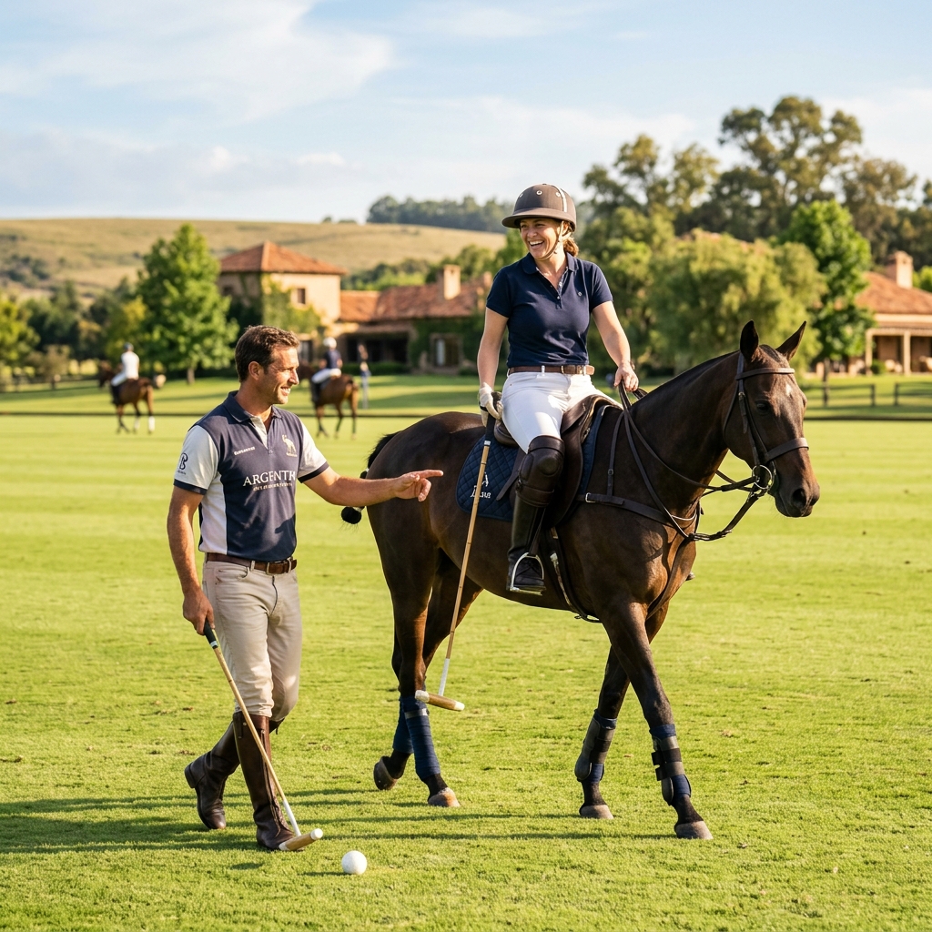 Initiation au polo pour débutant souriant avec instructeur